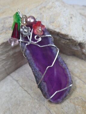 Witewrapped Handcrafted Purple Agate Pendant Necklace Floral Accents Wire Wrap